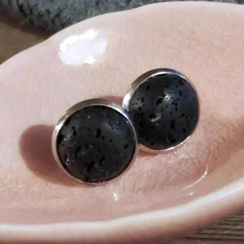 Silver Plated Domed Black Volcanic Lava Aromatherapy Cabochon Stud Earrings